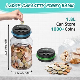 Pack of 2 Digital Money Boxes with Counter, 1.8 L Large Money Box, Electronic Piggy Bank with LCD Display, Euro Money Saving, Transparent Coin Counter, Automatic, Gift for Children and Adults (Blue +