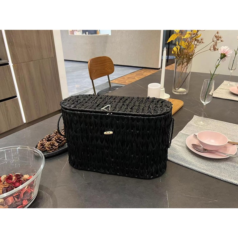 Coeusy Black Toilet Paper Basket with Lid,Wicker Toilet Paper Storage