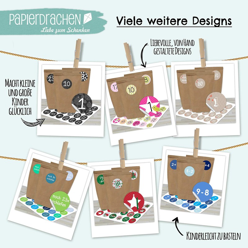 Papierdrachen Adventskalender zum Befüllen - mit 24 braunen Papiertüten und