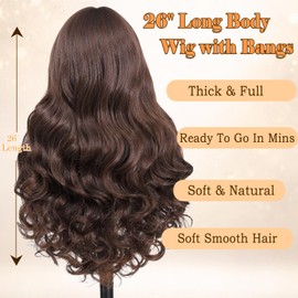 Brown Wavy Wig with Bangs for Women, 26 Inch Long Synthetic Wig