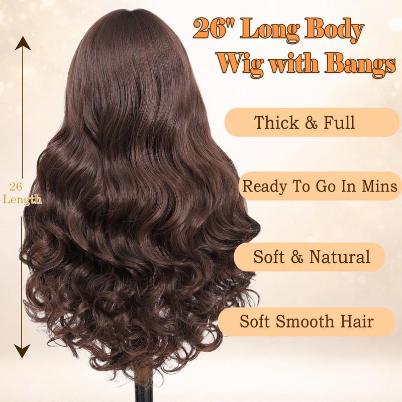Brown Wavy Wig with Bangs for Women, 26 Inch Long