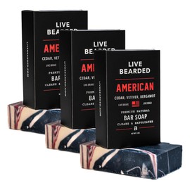 Live Bearded All-Natural Bar Soap for Men, 3-Pack of 5 oz - Made in the USA - Exfoliates and Moisturizes - Charcoal, Pumice, Shea Butter | American Scent - Cedar, Vetiver, Bergamot