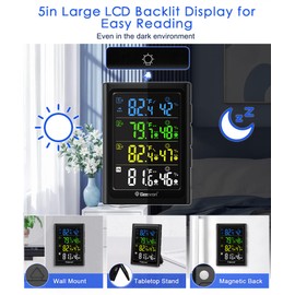 Geevon Weather Stations Wireless Indoor Outdoor Thermometer with 3 Outdoor Sensors, Large LCD Display Digital Temperature Humidity Gauge with Backlight (Color HD VA Display)
