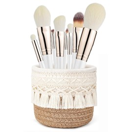 YANJINGHE Makeup Brush Holder, Braided Mini Basket, 10 x 10 cm - Organiser, Cosmetic Organiser, Boho Style Storage Box for Cosmetic Brushes, Pens, Pencils and Accessories (White + Khaki)