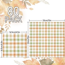 Whaline Fall Paper Napkin Buffalo Plaid Disposable Napkins Orange Green Luncheon Napkin Autumn Dinner Napkin for Thanksgiving Party Supplies Table Decor,80Pcs
