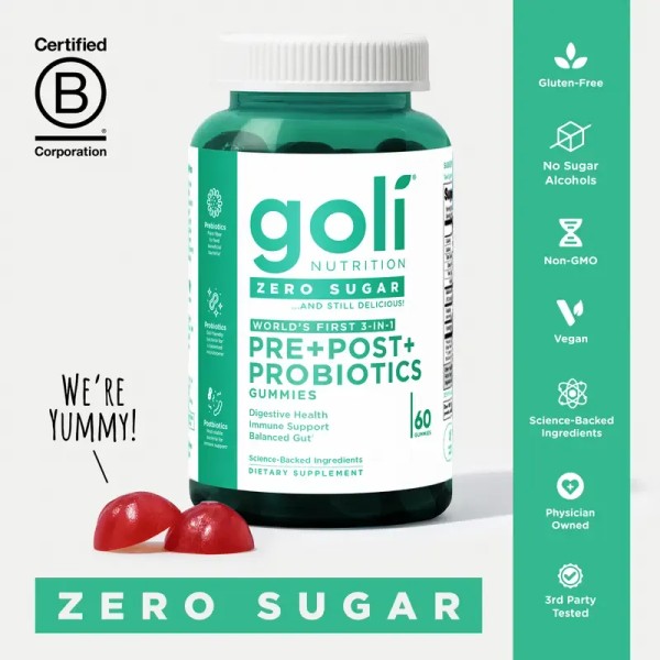 Goli Zero Sugar World's First 3-in-1 Pre, Post, Probiotic Gummies