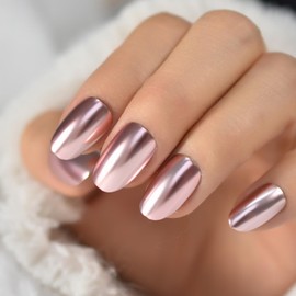 Bright Champagne Pink Metal Press On Nails for Daily Wear, IKISKT Metellic Mirror Oval Round Fake Stick on Nails Medium Reflective Artificial Lady False Fingernails with Glue Tabs, Punk Champagne Pink