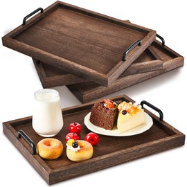 Lallisa 4 Pcs Large Wooden Serving Tray Decorative 15.75 x 11.81 x 2.36 Inch Ottomantray Rustic with Handles Coffee Table Decor Wood Tray Kitchen Platter for Party Tables Breakfast Wedding (Brown)