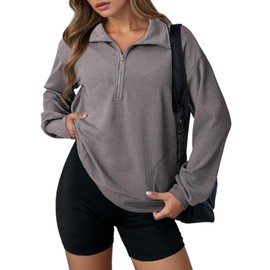 Dokotoo Oversized Sweatshirt for Women Waffle Knit Long Sleeve Shirts Lapel Collar Half Zip Cozy Soft Loose Fit Sweatshirts Pullover Tops Casual Comfy Fall Fashion Outfits Clothes 2025 Grey Medium