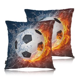 Swono Soccer Decorative Throw Pillow Case 18" X 18", Soft Pillow Covers Sport Football Soccer in Fire and Water Set of 2 Throw Pillowcase Cushion Covers for Couch Chair Bedroom Sofa Car Seats