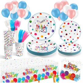 189PCS Birthday Plates and Napkins Party Supplies, Happy Birthday Plates Serve 24, Includes Happy Birthday Plates,Napkins,Tablecloth,Cups,Straws,Knives & Forks,Balloons for Kids Birthday Decorations