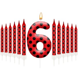13PCS Ladybug Theme Birthday Candles Set - Red & Black Polka Dot Decorative Candles for Kids Ladybug Themed Parties, Baby Showers, Birthday Cakes, and Ladybird Inspired Celebrations(Number 6)