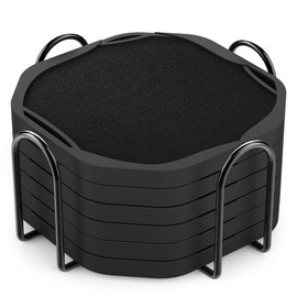 UMIRRO Absorbent Coasters for Drinks with Holder, Black Silicone Coasters with Soft Felt Inserts for Wooden Coffee Table, Cool Modern Cup Mats for Tabletop Protection, Set of 6