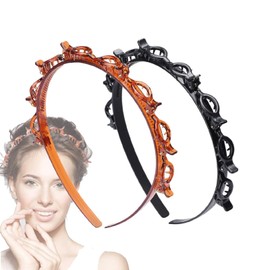 2 Pcs Hairstyle Hairpin Headband, Professional Weave Bangs Clip, Toothed Headband Braid Tool, Women Girls Fashion Hair Accessories (Black and Brown)