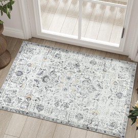 TOPICK Doormat Washable Door Mat Indoor Outdoor Short Pile Retro Grey Flower Oriental Rug 60 x 90 cm Antibacterial Foldable Non-Slip Door Mat for Front Door Entrance Kitchen Patio Hallway Bedroom
