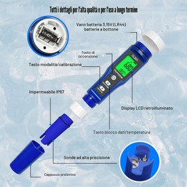 Homcoice Misuratore pH Cloro Piscina 5 in 1, misurazione accurata pH Cloro ORP H₂ (ricco di idrogeno) Temperatura Meter, Tester Qualità Acqua per acqua potabile, acquario, idroponica