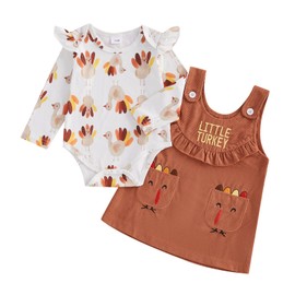 Socutebabe My First Thanksgiving Baby Girl Outfit Newborn Turkey Romper And Corduroy Skirt Little Turkey Dress Outfits (Little Turkey Brown, 6-12 Months)
