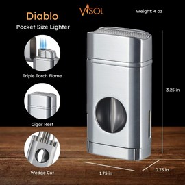 Visol Diablo Butane Torch Triple Flame Refillable Gas Lighter, Built in Cutter, Built in Holder, Windproof Adjustable Flame Lighter (Shipped Without Butane) (Silver)