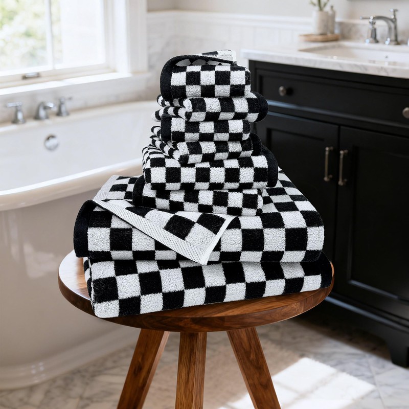 Black and White Towels Set of 8, Cute Checkered Towels