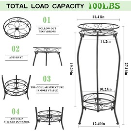 VECELO 2 Tier Metal Outdoor Plant Stand Indoor, Rustproof Stable 19.3” Iron Flower Stand, Decorative Multiple Heavy Duty Plant Holder, Black