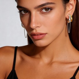 Two Tone Clip on Earrings for Women Tassel Chain Hoop Silver and Gold Plated Dangling Chain Earrings Mixed Metal Jewelry Gifts