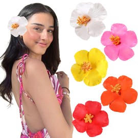 VOBOBE 5pcs Hawaiian Flower Hair Clips for Women, Plumeria Hibiscus Rose 3.5 Inch Artificial Floral Girls Clips Hair Accessories for Hawaiian Vacation Beach Wedding Party (Flower Hair Clips-A)
