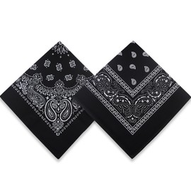 2 Pack Types of Paisley Pattern Bandanas, 22x22 Inches Cotton Bandanas Handkerchief Face Mask for Men & Women (Black-2 Pack)