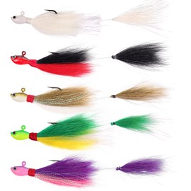 Natufish Bucktail Jigs Saltwater - 5Pcs Fish Hair Jig Lure Hooks,Fishing Hair Swimbait Jig Head Deer Hair Jig Surf Fishing for Walleye Striper(Mixed Colors Extended Tail_1oz_5pcs)