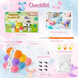 WATINC 20PCS Crochet Kit Axolotl Complete Crochet Kit for Beginner with Step-by-Step Instructions and Video Beginner Crochet Kit Case and Knitting Accessories Crochet Starter Kit for Adults Kids