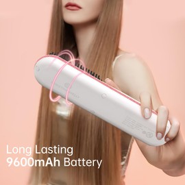 CHRISTINE SHELLY Hair Straightener Brush, Portable Cordless Straightening Brush for Travel, Negative Ion Hot Comb Hair Straightener with 9 Temps for Women, Anti-Scald Ceramic, Fast Charge