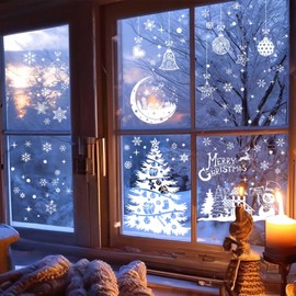 KIPTVO 202PCS Christmas Window Stickers, Double Sided Xmas Window Stickers Christmas Scene, Snow Flakes Stickers Merry Christmas Window Decals, for Office Christmas Themed Party