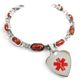 My Identity Doctor - Engraved Womens Glass Medical ID Charm Bracelet Red Flower Pattern Red: Wrist Size 6.5 Inches