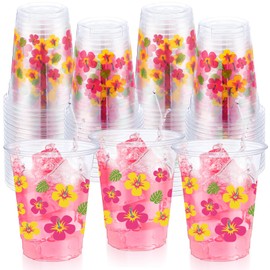 Yaomiao 50 Pieces Aloha Plastic Cups 12 Oz Bulk Tropical Flower Clear Disposable Cups Daisy Hawaiian Drinking Beverage Supplies for Summer Luau Aloha Birthday Baby Shower Party Decoration
