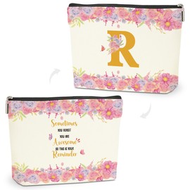Alphabet Floral Butterfly Initial Makeup Bag, Cosmetic Bags with Zipper, Washable Monogram Roomy Toiletry Pouch, Portable Travel Make Up Brush Skincare Organizer, Rose Gifts for Women, Letter R
