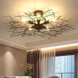 HMVPL Large Semi Flush Mount Ceiling Light Fixture, Black Modern Chandelier with Branch Shapes, 5-Lights Industrial Close to Ceiling Light Fixtures for Living Room Bedroom Kitchen Dining Room(D 37")