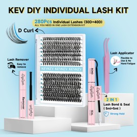 KevKev Lash Clusters Kit Eyelash Extension Kit 280pcs Eyelash Clusters DIY Lash Extension Kit Wispy Cluster Eyelash Extensions with Lash Bond and Seal Lash Applicator Lash Remover(30+40D, D-8-16mix)
