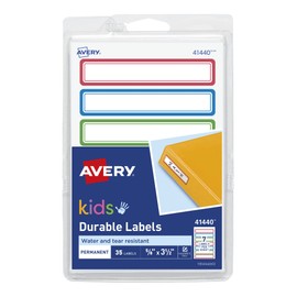 Avery(R) Durable Labels for Kids' Gear, 5/8" x 3-1/2", Assorted Border Colors, Water-Resistant Labels, 35 Rectangle Labels Total (41440)