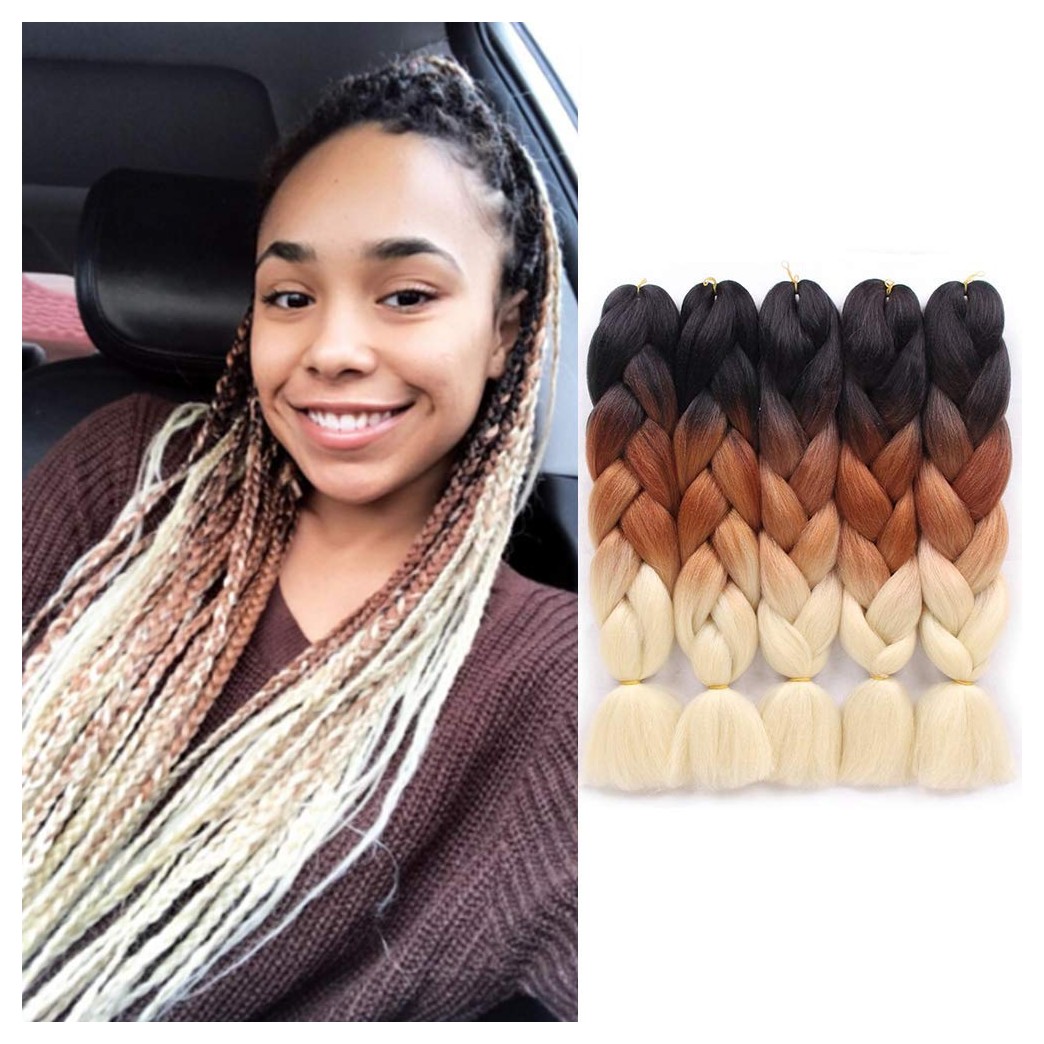 Jiayi 24" 5pcs/Pack 100g/pc Afro Synthetic Jumbo Braids Ombre Kanekalon Fiber Hair Extension for Braiding Hairstyles (Black/Brown/613)
