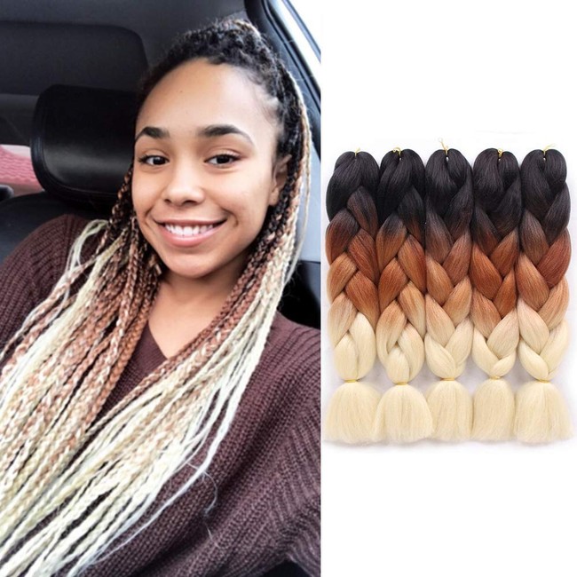 Jiayi 24" 5pcs/Pack 100g/pc Afro Synthetic Jumbo Braids Ombre Kanekalon Fiber Hair Extension for Braiding Hairstyles (Black/Brown/613)