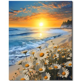 TFIAVSIN Adults Paint by Numbers Kit, Flowers Beach Sunset, Daisies Sea Landscape, 16 x20 Inch
