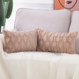 MADIZZ Pack of 2 Soft Plush Short Wool Velvet Decorative Throw Pillow Covers Luxury Style Cushion Case Pillow Shell for Sofa Bedroom Light Brown 12x20 inch Rectangular