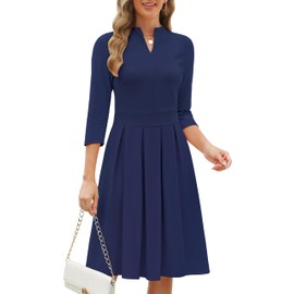 Zattcas Women 2025 Spring Summer Dress V Neck 3/4 Sleeve Modest Business Casual Work Professional Office Outfits Teacher Church Knit Swing Pleated A Line Midi Dresses Navy XL