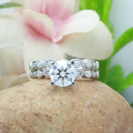 SAVEARTH DIAMONDS Sterling Silver Center 1.5ct 7.5MM G-H Color Round Cut Moissanite Lab Created Diamond Engagement Wedding Ring Bridal Set 2 Pieces Ring Size-7