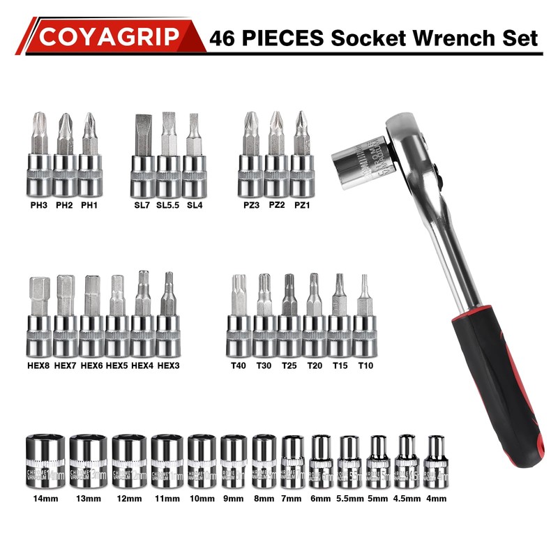 COYAGRIP 46PCS Socket Ratchet Wrench Set, 1/4 Inch Drive Small