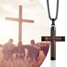 Flongo Men's Wooden Cross Necklace: Wooden Cross Pendant Necklace Black Stainless Steel with Wooden Cross Necklace Christian Gifts for Men Boys Children 22 Inches Adjustable, Stainless Steel Wood