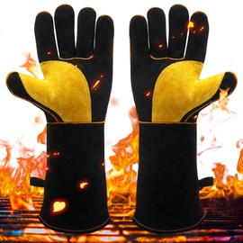 Fettwal Barbecue Gloves Heat Resistant Oven Gloves Heat Resistant Fireplace Gloves Fireproof Gloves Heat Protection Glove Welding Gloves with Hanging Leather Gloves (1 Pair)