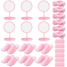 Twistover 24 Pcs Girls Spa Party Supplies for Kids Foot Spa Birthday Party Favors Include 6 Makeup Mirrors 6 Cute Bow Headbands 6 Kids Disposable Slippers 6 Towels for Sleepover Slumber Gifts(Pink,S)