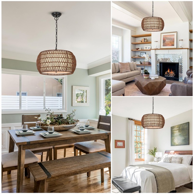 PAUFUL Rattan Farmhouse Chandelier Light Fixtures,5-Lights Boho Large Pendant Light,Woven