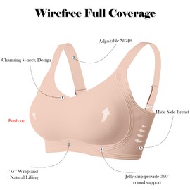 OEAK Womens Seamless Push Up Bras No Underwire Full Coverage Comfortable Bra V Neck Bralettes Wireless Everyday Bra Nude,S