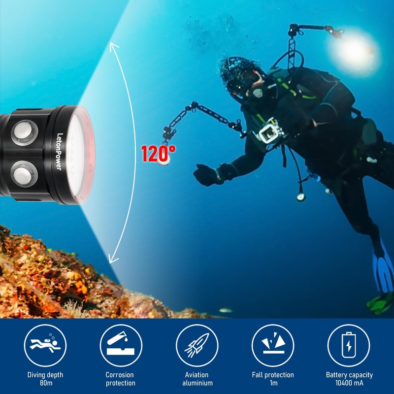 LetonPower B15 Dive Light Underwater Flashlight 8000Lumens Underwater Video Lights